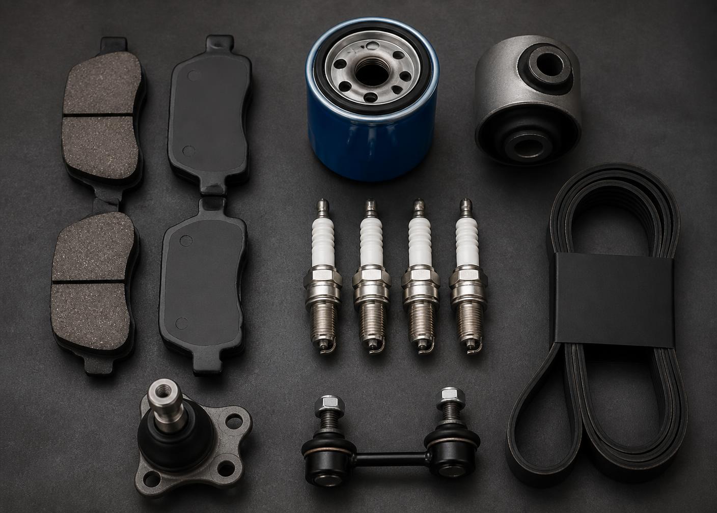 Assortment of automotive spare parts including brake pads, oil filter, spark plugs and drive belt